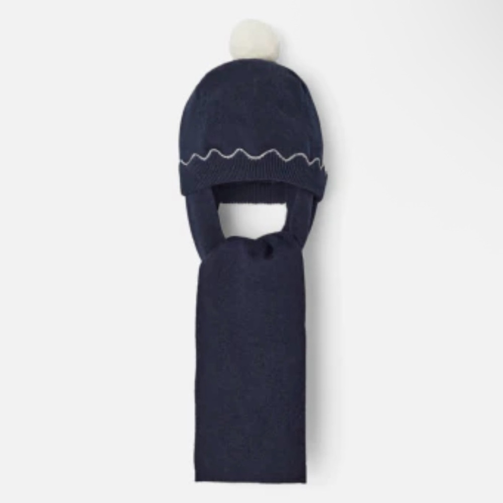 Jacadi Girls Remus Navy Scallop Scarf Hat with Pompom - Size 2/3Y